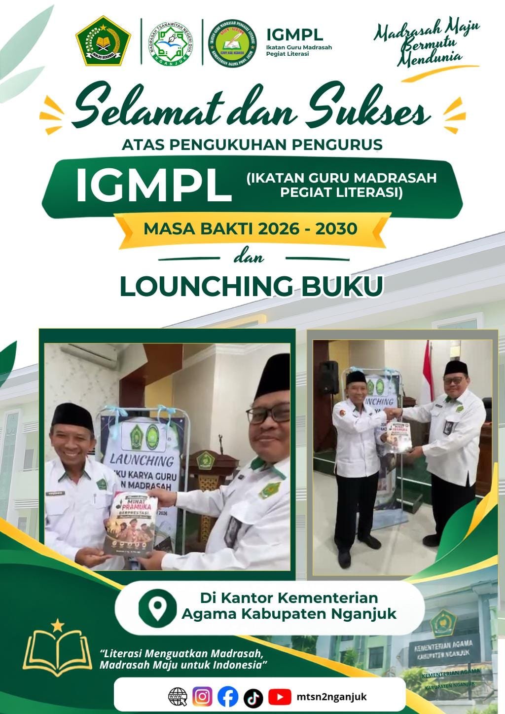 Pengukuhan Pengurus IGMPL Masa Bakti 2026–2030 dan Launching Buku Karya Kepala MTsN 2 Nganjuk di Kemenag Nganjuk